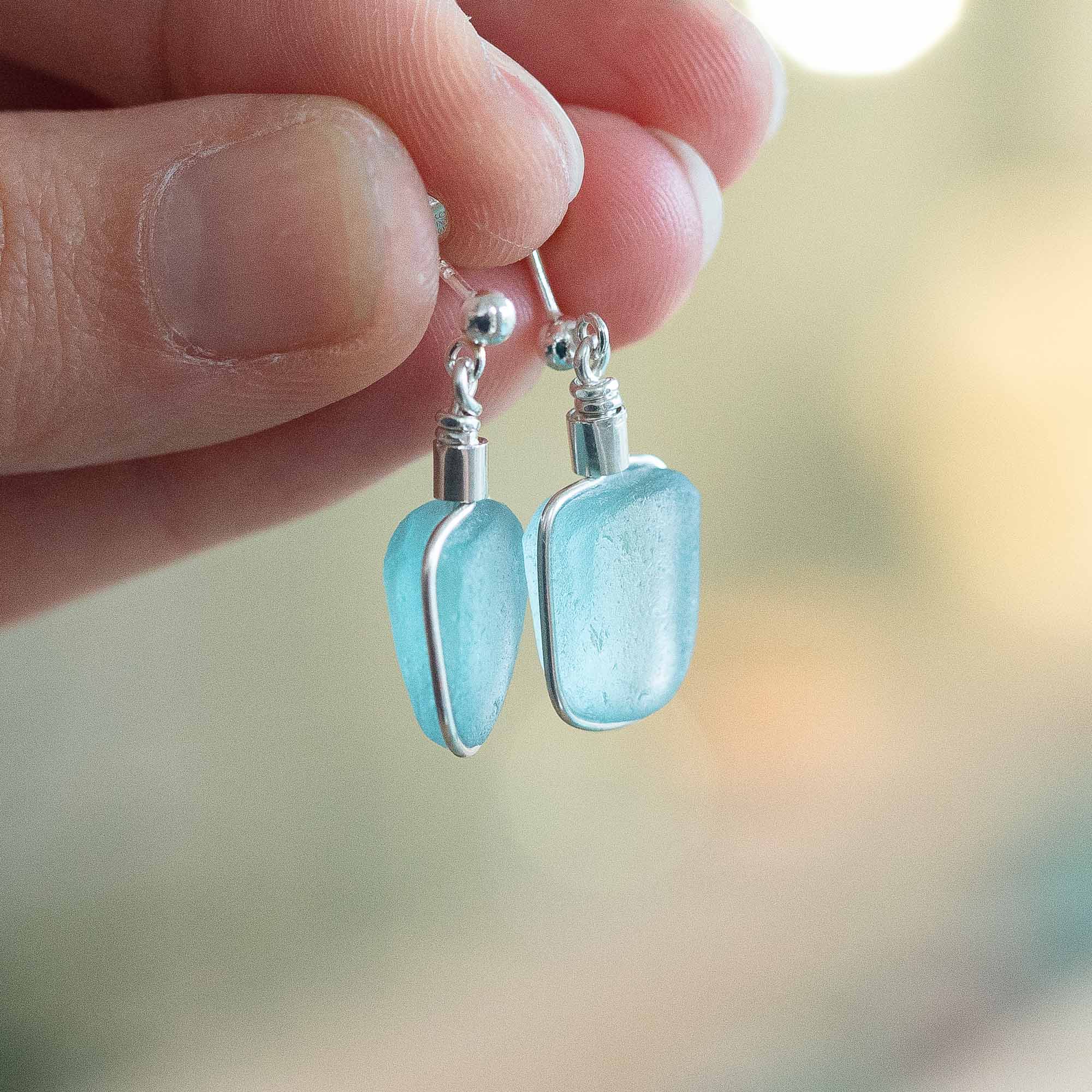Sea glass stud earrings pale aqua - Image 5
