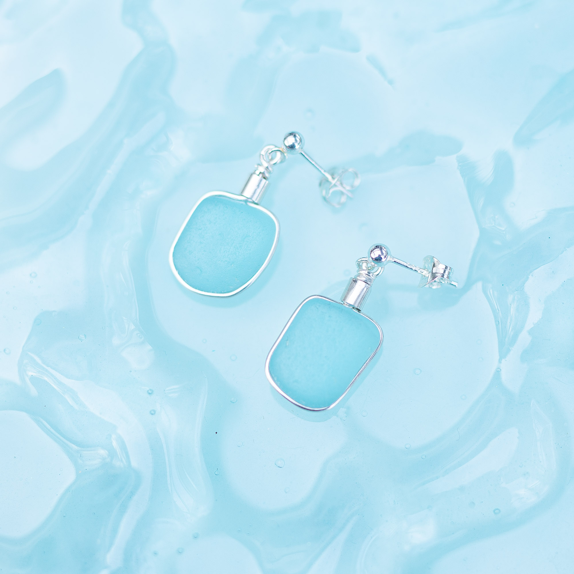 Sea glass stud earrings pale aqua