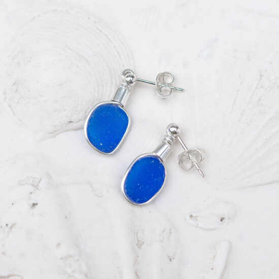 Sea Glass Stud Earrings - Cobalt Blue