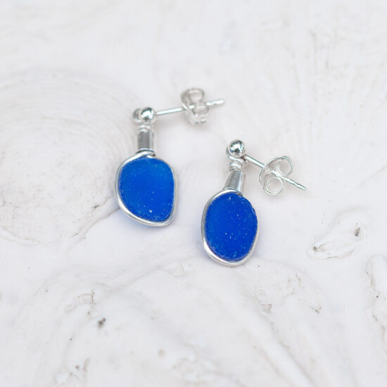 Sea Glass Stud Earrings - Cobalt Blue - Image 3