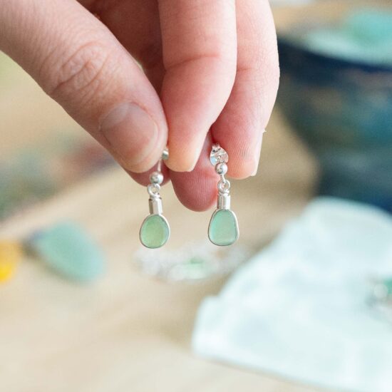 Sea glass stud earrings sea foam green - Image 4