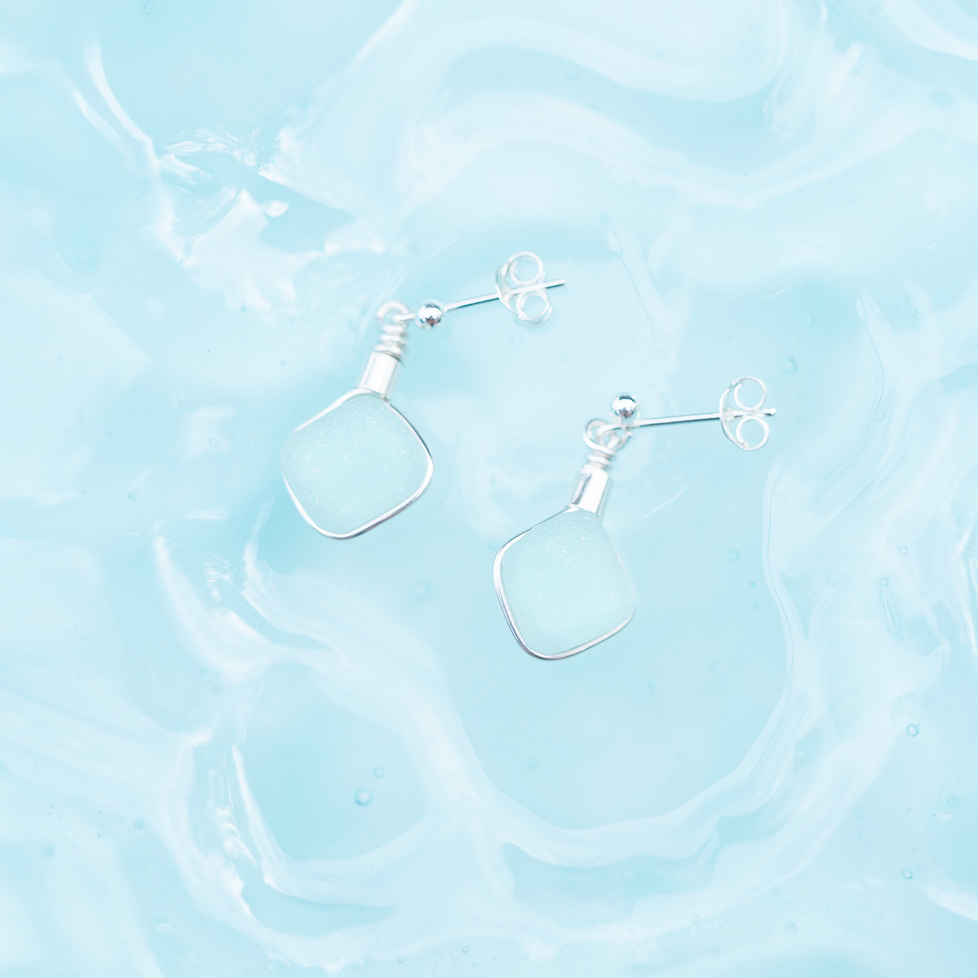 Sea glass stud earrings pale aqua