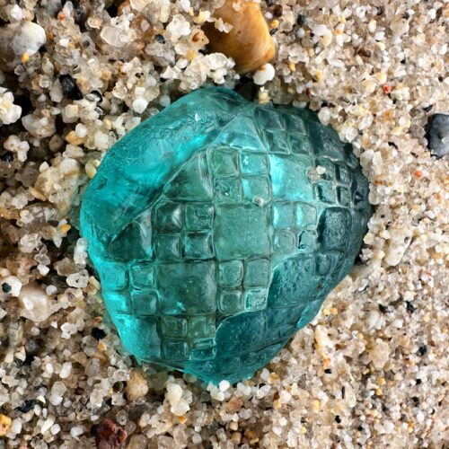 Rare turquoise cut patterned glass jewellery piece from Sadie Jewellery, inspired by the colors and textures of the Cornish coast